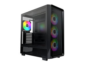 MONTECH X5- ATX Mid-Tower Gaming PC Case, High Airflow, 3x 140mm and 1x 120mm ARGB Fans Pre-installed, Glass Side Panel, Carbon Print Accents, GPU Holder Included, Black
