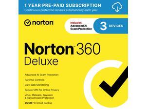 Norton 360 Deluxe 2026, Antivirus software for 3 Devices with Auto-Renewal – Includes Advanced AI Scam Protection, VPN & PC Cloud Backup [Download]