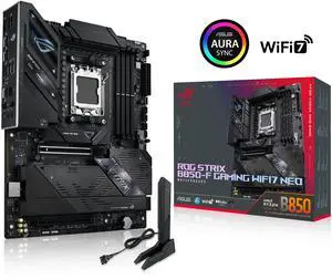 ASUS ROG Strix B850-F GAMING WIFI7 NEO, AMD ATX motherboard, 16+2+2 power stages, DDR5 slots, four M.2 slots, PCIe 5.0, three USB 2.0 headers, USB 20Gbps Type-C WiFi 7, Realtek 5G and Aura Sync RGB