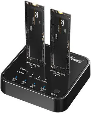 Rosewill M.2 NVMe Cloner + Eraser, M.2 Duplicator Dual Bay NVMe Enclosure, Tool-Free 20Gbps USB3.2 Gen 2X2 SSD to USB Adapter M.2 Docking Station for M Key PCIE NVMe SSD Reader, Offline Clone & Erase
