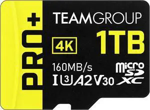 Team 1TB Pro+ microSDXC UHS-I/U3 Class 10 Memory Card with Adapter, compatible with Nintendo-Switch, Steam Deck, and ROG Ally, Speed Up to 160MB/s (TPPMSDX1TIA2V3003)