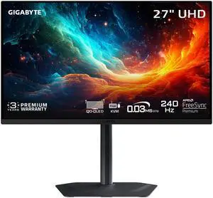 GIGABYTE 27" UHD 4K 240Hz with AMD FreeSync Premium Pro &, G-SYNC Compatible HDR400 USB-C KVM OLED Gaming Computer Monitor with Height adjustable, pivot, tilt and swivel stand MO27U2