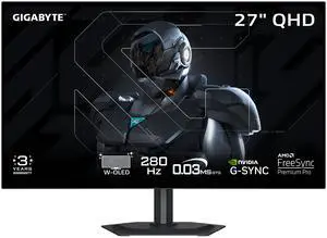 GIGABYTE 27" QHD 2K 1440P 280Hz with AMD FreeSync Premium Pro & G-SYNC Compatible 0.03ms HDR500 USB-C KVM OLED Gaming Computer Monitor with Height adjustable, Pivot, Swivel and Tilt stand MO27Q28G