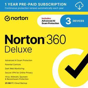 Norton 360 Deluxe 2026, Antivirus software for 3 Devices with Auto-Renewal – Includes Advanced AI Scam Protection, VPN & PC Cloud Backup [Download]