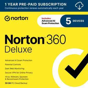 Norton 360 Deluxe 2026, Antivirus software for 5 Devices with Auto-Renewal – Includes Advanced AI Scam Protection, VPN & PC Cloud Backup [Download]