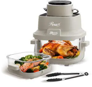 Rosewill 8-in-1 Portable Glass Air Fryer, 5.5QT & 1.6QT Dual Transparent Glass Cooking Pot with Storage Lid & Tongs, Compact Smart for Air Fry, Deep Roast, Recrisp, Bake and more - Saturn Gray