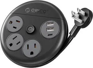 ORICO Power Strip with USB Ports, 3 AC Outlets + 2 USB-A + 1 USB-C, 4ft Flat Plug Extension Cord with Switch
