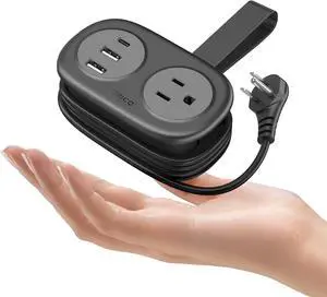 ORICO Pocket Power Strip for Travel, 5 in 1 Extension Cord with 2 AC Outlets 2 USB-A and 1 USB-C Ports, 3.7 ft Flat Plug Wrapped Around Power Strip for Cruise Office, Hotel, Home- AP3 (Black)