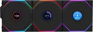 Lian Li UNI Fan TL LCD 120 Wireless - Triple Pack - 2.4 GHz Wireless Controller Included - Daisy Chain & Infinity Mirror Design - LCD Display - Controller required. - Black (12TLLCD1W3B)