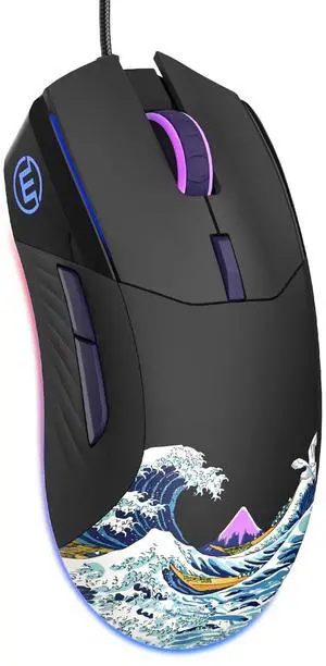 COSTOM G705 USB Wired Gaming Mouse for PC Computer Windows Mac Laptop, Lightweight Silent RGB Backlit Mouse with Adjustable 12000DPI/7 Programmable Side Buttons, Black Kanagawa Theme