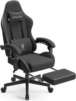 Dowinx Fabric Gaming Chair with Massage Lumbar Support, Ergonomic Computer Chair with Adjustable Headrest and Footrest, Cloth Gamer Chair with Pocket Spring Cushion, Black
