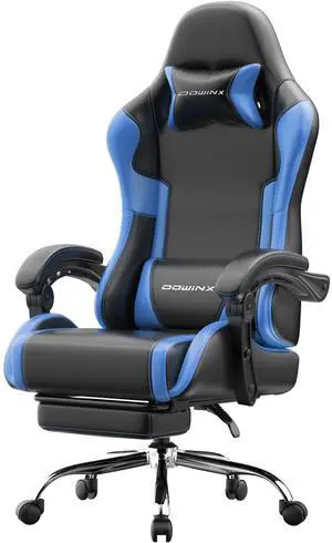 Dowinx Ergonomic Gaming Chair with Footrest, Reclining Office Chair with Massage Lumbar Support, Adjustable Height & Headrest Pillow, Heavy Duty 330lbs, Comfortable for Streaming Long Gaming, Blue