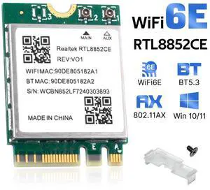 RTL8852CE WiFi 6E Wireless Card for Laptop, Tri-Band AX5400 up to 5400Mbps, M.2 2230 (NGFF) Slot, Bluetooth 5.3, Supports Windows 10/11, 2.4/5/6GHz for Gaming and Streaming