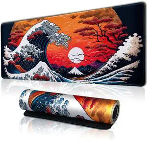 Japanese Sea Waves Large Gaming Mouse Pad for Desk, Desk Mat with Seamed Edges, Waterproof Desk Pad, Non-Slip Rubber Base, 31.5x11.8 Inch Keyboard Pad Computer Mat, Big XL Mousepad