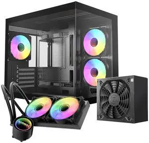 Raidmax i600 Micro-ATX Dual-Chamber Gaming Case, 3 ARGB Fans Pre-Installed, Panoramic Glass, Bundled 700W Power Supply & 240mm Liquid Cooler, Compact High-Airflow Build