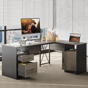 Bestier 63'' L Shaped Home Office Desk with File&Storage Drawers and Cabinet,Corner Computer Desk with Monitor Stand and Open Compartments,Gray