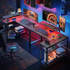 Bestier 42 L Shaped Computer Desk with LED, Corner Gaming Desk with Power Outlet,Reversible Storage Shelves and Hooks,Black Marble