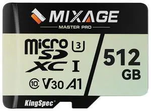 KingSpec MIXAGE 512GB microSDXC Memory Cards, UHS-I, V30, A1, 4K UHD Micro SD Card, Speed Up to 175MB/s, 3D NAND Flash MicroSD 512GB 1 Pack