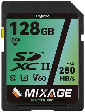 KingSpec MIXAGE 128GB SD Memory Card V60 UHS-II U3 A1 Speed Up to 280MB/s C10 SDXC for 4k/8k Video