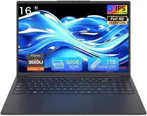 Auusda T160R Laptop, 16" FHD Display Computer, AMD Ryzen 5 3500U up to 3.7GHz, 32GB RAM, 1TB SSD, Dual Full-Type C| Fingerprint | Backlit keys | Windows 11 Pro, Black