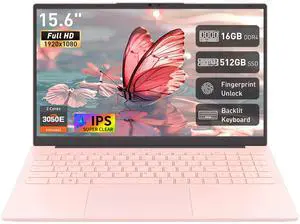 Auusda EXSURF 15.6" Student Laptop, AMD Athlon 3050e 16GB RAM 512GB SSD, Fingerprint Unlock & Backlit Keyboard, Windows 11 Pro Computer, TYPE-C, Pink