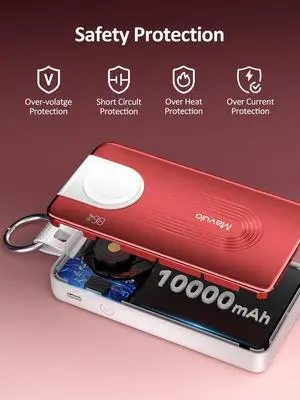 Idealforce 10000mAh Fast Charging Power Bank, Retractable Built-in Cable Portable Charger, High Capacity External Battery Pack with Cables for Apple Watch & iPhone & Android & More Red