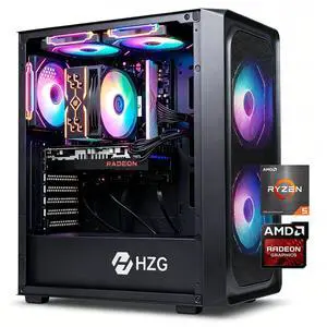 HZG M500 Prebuilt Gaming Desktop PC, AMD Ryzen 5 5600 6-Core, Radeon RX 6600 8GB, 16GB DDR4, 1TB NVMe SSD, Wi-Fi 6, VR Ready, Windows 11