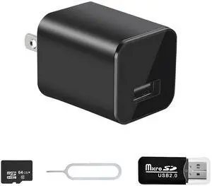 Charger Camera - Video-Only 1080P Small Camera with Motion Detection - Nanny Cam for Home Indoor Security - 64GB Micro SD Card Included - No WiFi