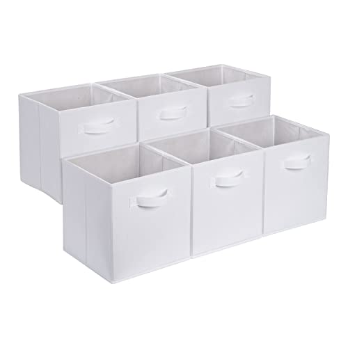 Amazon Basics Collapsible Fabric Storage Bins with Handles, Cube Organizer, 13"x13"x13", White, 6-Pack