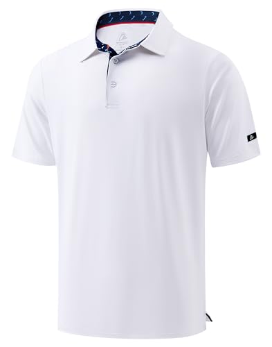 Obla Mens Golf Shirt Short Sleeve Dry Fit Moisture Wicking Performance Athletic Casual Work Collared Polo Shirts for Men (White/Navy Golf_M)