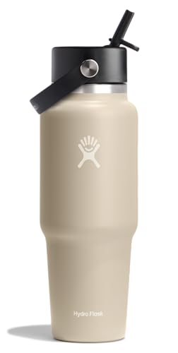 Hydro Flask Travel Water Bottle - Insulated Stainless Steel - Wide Straw Lid, Non Spill, Leakproof in 32 Oz Oat Tan
