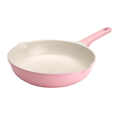 Paris Hilton Ceramic Cast Aluminum Nonstick Fry Pan, Fast & Even Heating with Easy Pour Spouts & Comfort-Grip Handle, 11-Inch, Pink