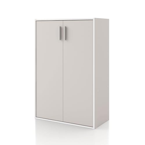Homes: Inside + Out Apexa 3-Tier Stackable Wood Bookcase with Doors, Cube Storage Organizer Shelves, Small Food Pantry Cabinet, Dorm Teen Room Decor & Bedroom, Home Office, Kitchen, Taupe Grey