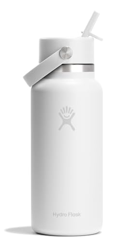 Hydro Flask Water Bottle - Insulated Stainless Steel - Wide Mouth Flex Straw Lid, Non Spill, Leakproof and Refillable in 32 Oz Tonal White