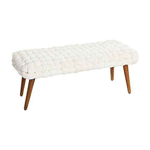 Creative Co-Op Boho Chunky Woven Velvet Entryway Bench with Wood Legs, Cream and Natural