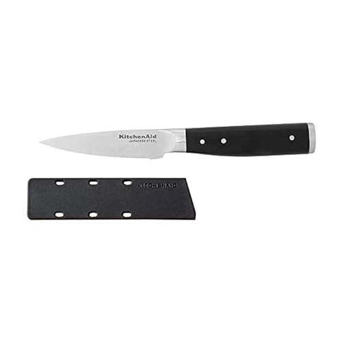 KitchenAid Gourmet Forged Triple Rivet Fine-Edge Utility Knife with Custom-Fit Blade Cover, 4.5-inch, Sharp Kitchen Knife, High-Carbon Japanese Stainless Steel Blade, Black