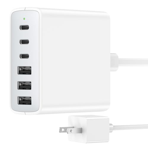 USB C Fast Charger Block, 100W 6 Ports Charging Station Hub for iPhone 16 15 14 13 Pro Max, iPad Pro Air Mini, Galaxy, for Air-pods 4, Pro 2, 25W PPS Type C Wall Charger with LED, 5ft Cord