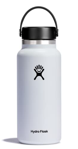Hydro Flask Water Bottle - Insulated Stainless Steel - Wide Mouth Flex Lid, Non Spill, Leakproof and Refillable in 32 Oz White