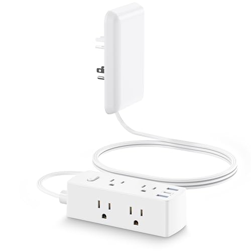 Olcorife Flat Extension Cord with Outlet Cover, Flat Plug Power Strip with 6 Outlets and 3 USB Ports, 2000 Joules Surge Protector, 5 FT Cord Hidden Outlet Extender for Tight Spaces, White