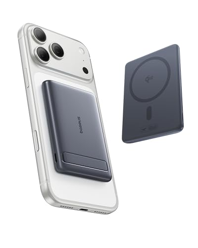 Baseus Picogo Power Bank, Smallest Qi2 Certified 15W MagSafe Portable Charger, 0.5" Ultra Slim 5000mAh Magnetic Battery Pack with Stand, Alloy Wireless Charger for iPhone 17 Pro Max/17 Air/17e Series