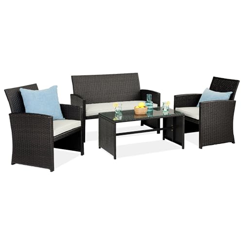 Best Choice Products 4-Piece Outdoor Wicker Patio Conversation Furniture Set for Backyard w/Coffee Table, Seat Cushions - Black/White Sand