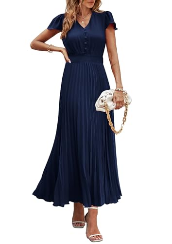 PRETTYGARDEN Women's Summer Maxi Dresses 2026 Trendy Casual Button V Neck Ruffle Cap Sleeve Long Flowy Spring Pleated Dress (Navy,Small)