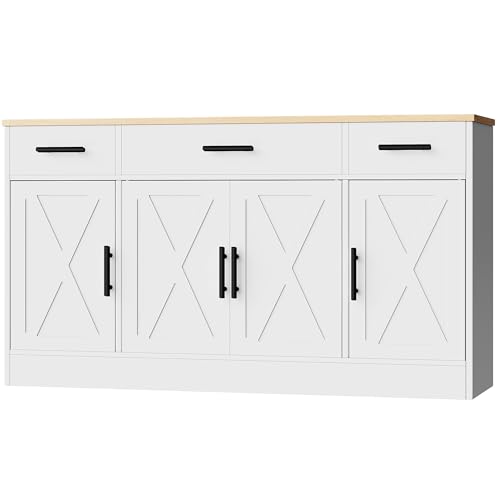 Shintenchi Buffet Cabinet with Storage,53.4" Large Kitchen Storage Cabinet with 3 Drawers and 4 Doors,Wood Farmhouse Buffet Sideboard with Adjustable Shelf for Kitchen Living Room, White