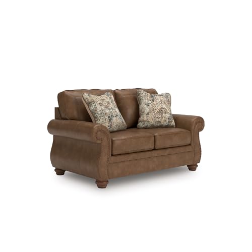 Signature Design by Ashley Shadsburne Rustic Faux Leather Loveseat with Nailhead Trim and 2 Throw Pillows, Brown