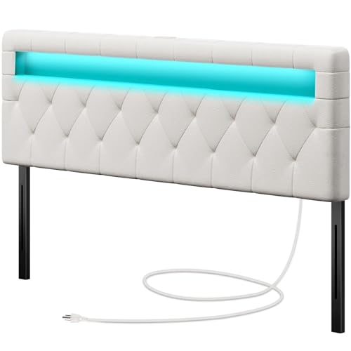GREENSTELL Headboard for Full Size Bed with 60,000 DIY Color of LED Light, USB & Type C Post, Attach Frame, Height Adjustable, White Leather Wall Mounted Head Boards Only, Sturdy & Stable, Full