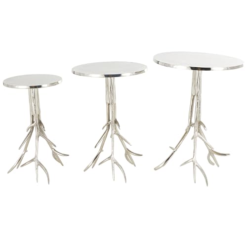 Deco 79 Aluminum Metal Side End Accent Table End Table with Textured Tree Branch Legs, Set of 3 Side Table 24", 22", 20" H, Silver
