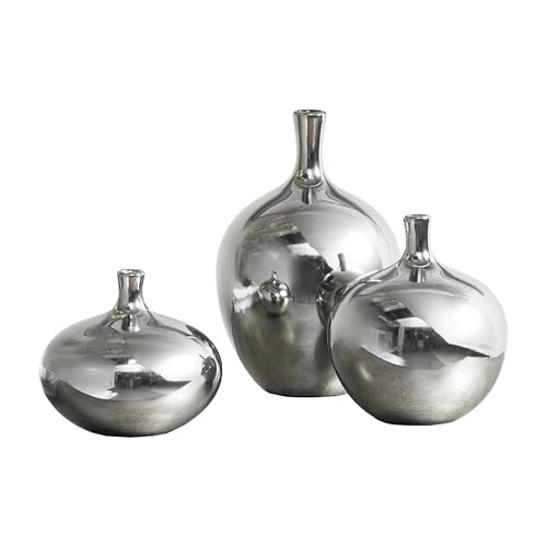 Madison Park Signature Ansen Ceramic Handmade Vase Set Home Décor - Metallic Accent Living Room Decoration Ideal for Shelf, Side Table, Mantle Ornaments, Multi Size, Silver 3 Piece