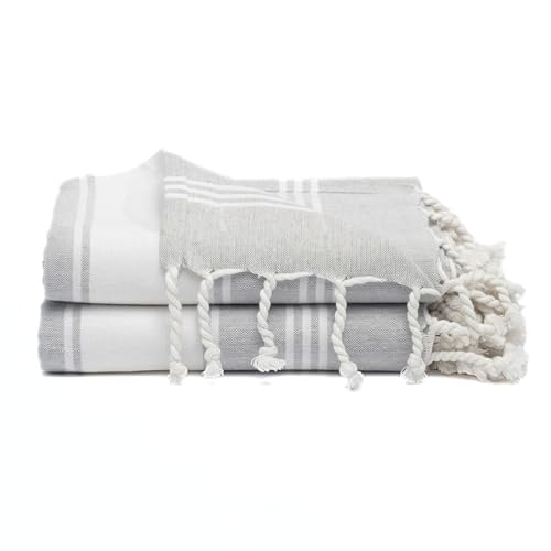 9Threads Cotton Turkish Beach Towel with Towels Oversized 36"x72" Pool Absorbent Extra Large Quick Dry Sand Travel Towel (Light Grey, 2 Pack)