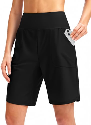 Viodia Women's 9" Long Swim Board Shorts with Pockets High Waisted Beach Swimsuits Knee Length Short for Women with Liner Black