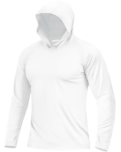 Boladeci SPF Shirts for Men Fishing Hoodie UPF 50 Long Sleeve Swim Shirt Sun Protection with Hood UV Summer Water Rash Guard Tops White L